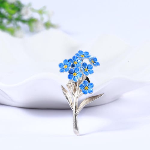 Handmade Sterling Silver Forget-Me-Not Brooch:Blue Flower Birthday Birthflower,Mother’s Day,for Mom