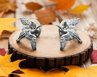 Handcrafted Sterling Silver Heron Collar Pin Set: Nature-Inspired Lapel Jewelry