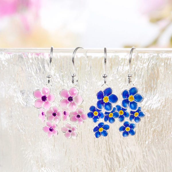 Handmade Sterling Silver Floral Earrings: Enamel Forget-Me-Nots