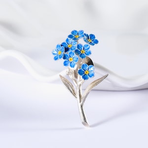 スターリングシルバーの「忘れな草」ブレスレット、ハンドメイドのブローチピン、青い花のネックレス、誕生花のエナメルイヤリング、彼女への贈り物、メモリアルウェディング