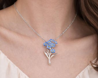 Handmade Forget Me Not Necklace, Sterling Silver Blue Birthflower, Gift for Mom, Wife or Daughter