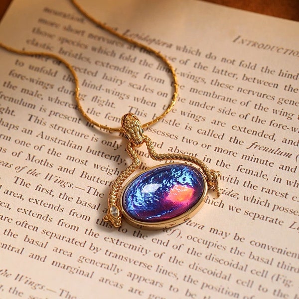 Dragon Breath Opal Necklace,Gold Plated Brass,Statement Jewelry,Purply Birthstone,Art deco,Retro Unique Design,Vintage jewelry,Gift For Her