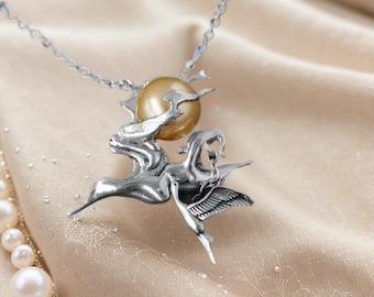 Silver pearl necklace Crane bird pearl pendant Animal jewelry love poem theme Art deco Minimalist abstract Gift for her for love for wedding