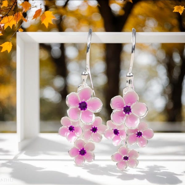 Handmade Sterling Silver Forget-Me-Not Flower Dangle Earrings