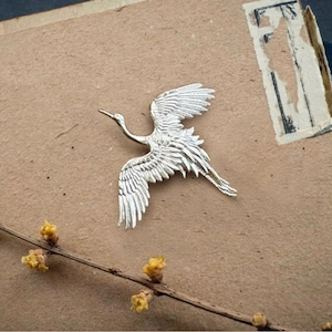 Handcrafted silver crane brooch,heron mystery bird clipon pin,vintage jewelry,men lapel pin,collar pin,birthday gift for her him,wedding pin