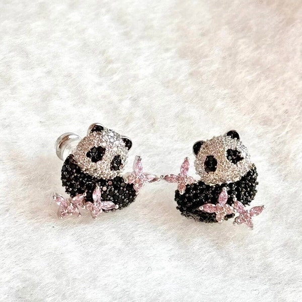 Handcrafted Sterling Silver Cute Panda Stud Earrings,Gift For Her,Dainty Jewelry,Animal Lover,Zircon Earrings,Kid Presents,Birthday Gifts