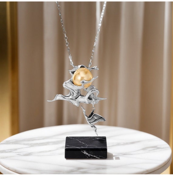Handcrafted Sterling Silver Heron Necklace: Freshwater Pearl