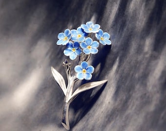 Sterling Silver Forget Me Not Brooch Pin,Women Flower Necklace,Blue Dainty Jewelry,Unique Nature Artisan,Valentine's Day Gift for her