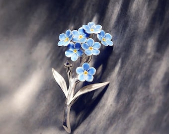 Sterling Silver Forget Me Not Brooch Pin,Women Flower Necklace,Blue Dainty Jewelry,Unique Nature Artisan,Mother’s Day Gift,Memorial Keepsake