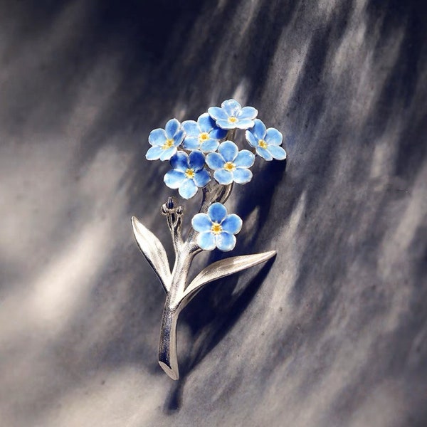 Sterling Silver Forget Me Not Brooch Pin,Women Flower Necklace,Blue Dainty Jewelry,Unique Nature Artisan,Mother’s Day Gift,Memorial Keepsake