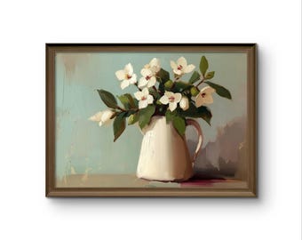 Vintage Floral Still Life Painting: Neutral Kitchen Art (Digital Download)