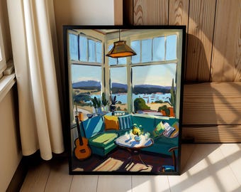 Blick aus dem Fenster der Landschaft Wohnzimmer Wanddekoration, Ölgemälde, digital druckbare Download