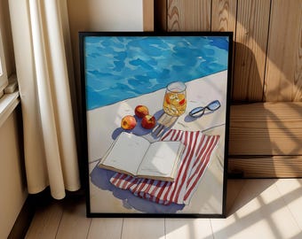 Küsten Illustration am Pool Wanddekor, Aquarellmalerei, herunterladbarer Druck, digital druckbarer Download