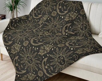 Sun and Moon Blanket, Night Sky Black & Gold Celestial Star Throw