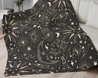 Spiritual Sun and Moon Night Sky Blanket, Celestial Black & Gold Star Throw