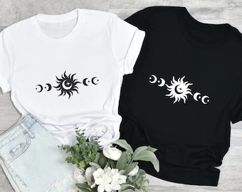 Celestial Sun Shirt with Moon Phases, Sun and Moon Phase T-Shirt Mystical Astrology Top, Witchy Astronomy Star Galaxy Tee, Womens Boho Shirt