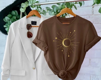 Golden Moon T-Shirt, Celestial Sun, Star Constellation, Witchy Boho Top, Mystical Astronomy Graphic T-Shirt