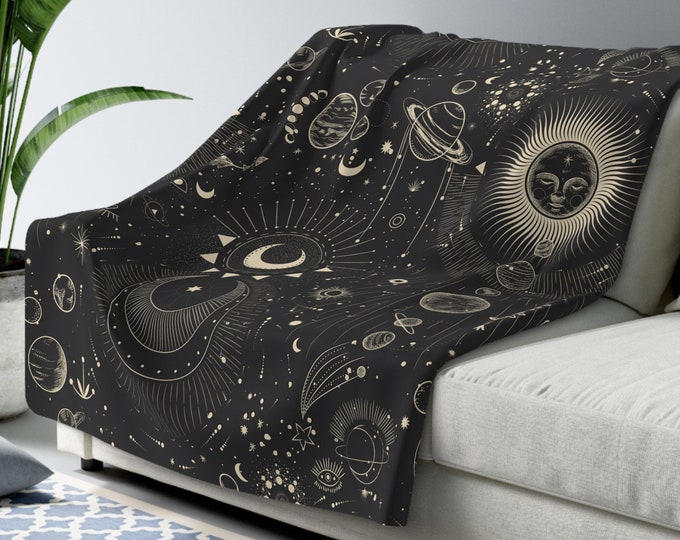Celestial Night Sky Blanket, Black & Gold, Sun and Moon, Stars and Planets Throw