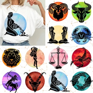 Watercolor Zodiac PNG Bundle, Zodiac Sign ClipArt, Astrology Sublimation PNG, Star Sign PNG Planets, Commercial Use Horoscope Download File