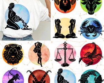 Watercolor Zodiac PNG Bundle, Zodiac Sign ClipArt, Astrology Sublimation PNG, Star Sign PNG Planets, Commercial Use Horoscope Download File