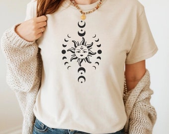 Shirt zon met maanstanden hemelse zon en maanfase T-shirt, mystieke astrologie top, Witchy Astronomy Star Galaxy T-shirt, bohoshirt dames