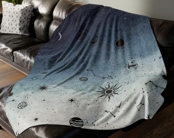 Celestial Night Sky Blanket, Soft Polyester Throw, Sun and Moon, Stars and Planets, Space Decor, Black and Navy Magical Home Accessory, Cozy