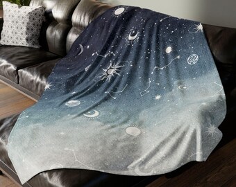 Celestial Night Sky Blanket, Soft White Polyester Throw, Sun and Moon, Stars and Planets, Space Decor, Magical Home Accessory Grey and White