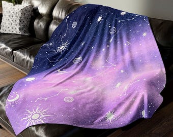Celestial Night Sky Blanket, Soft Polyester Throw, Blue and Pink, Sun and Moon, Stars and Planets, Space Decor, Magical Home Accessory