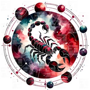 Scorpio Watercolor PNG, Scorpio Scorpion with Celestial Planets, Commercial Use Clipart