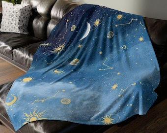 Celestial Blanket: Blue & Gold Sun, Moon, Stars - Space Decor