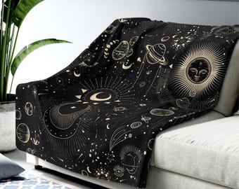 Celestial Night Sky Blanket, Black & Gold, Sun and Moon, Stars and Planets Throw