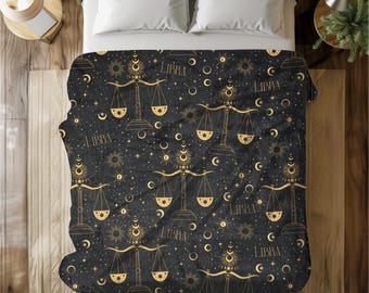 Zodiac Sign Blanket, Celestial Black & Gold Zodiac Throw, Personalised With Your Star Sign