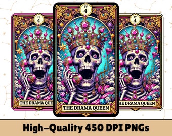 May include: Three identical tarot-style cards featuring a skeleton wearing a large, ornate crown with pink and blue gemstones. The skeleton holds a pink vintage telephone to its ear. The text THE DRAMA QUEEN appears at the bottom of each card.