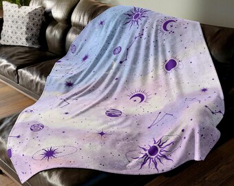 Dreamy Night Sky Soft Throw, Space Graphic Celestial Home Decor, Polyester Throw Blanket, Purple Pink White, Sun Moon Stars Planets, Cozy