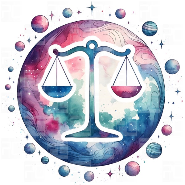 Libra Watercolor PNG, Libra Scales with Celestial Planets, Commercial Use Clipart