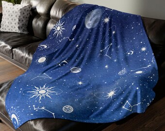 Celestial Night Sky Blanket, Soft Polyester Blanket, Blue and White, Sun and Moon, Stars and Planets, Bedroom Blanket, Living Room Throw
