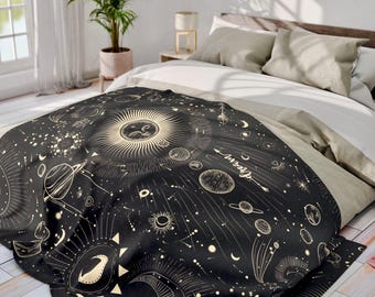 Celestial Blanket, Black and Gold Sun, Moon, Stars - Boho Throw