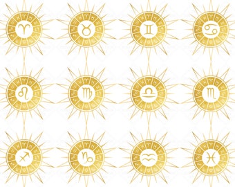 Gold Zodiac Sun Wheel PNG Bundle, Zodiac Sign ClipArt, Astrology Wheel SVG, Star Sign Sublimation, Commercial Use Horoscope Download File