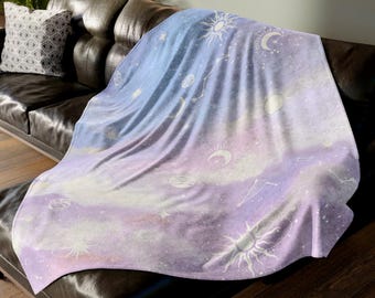 Dreamy Night Sky Throw, Polyester Blanket, Soft Space Graphic, Celestial Home Decor, Pink and White, Sun and Moon, Stars and Planets, Cozy