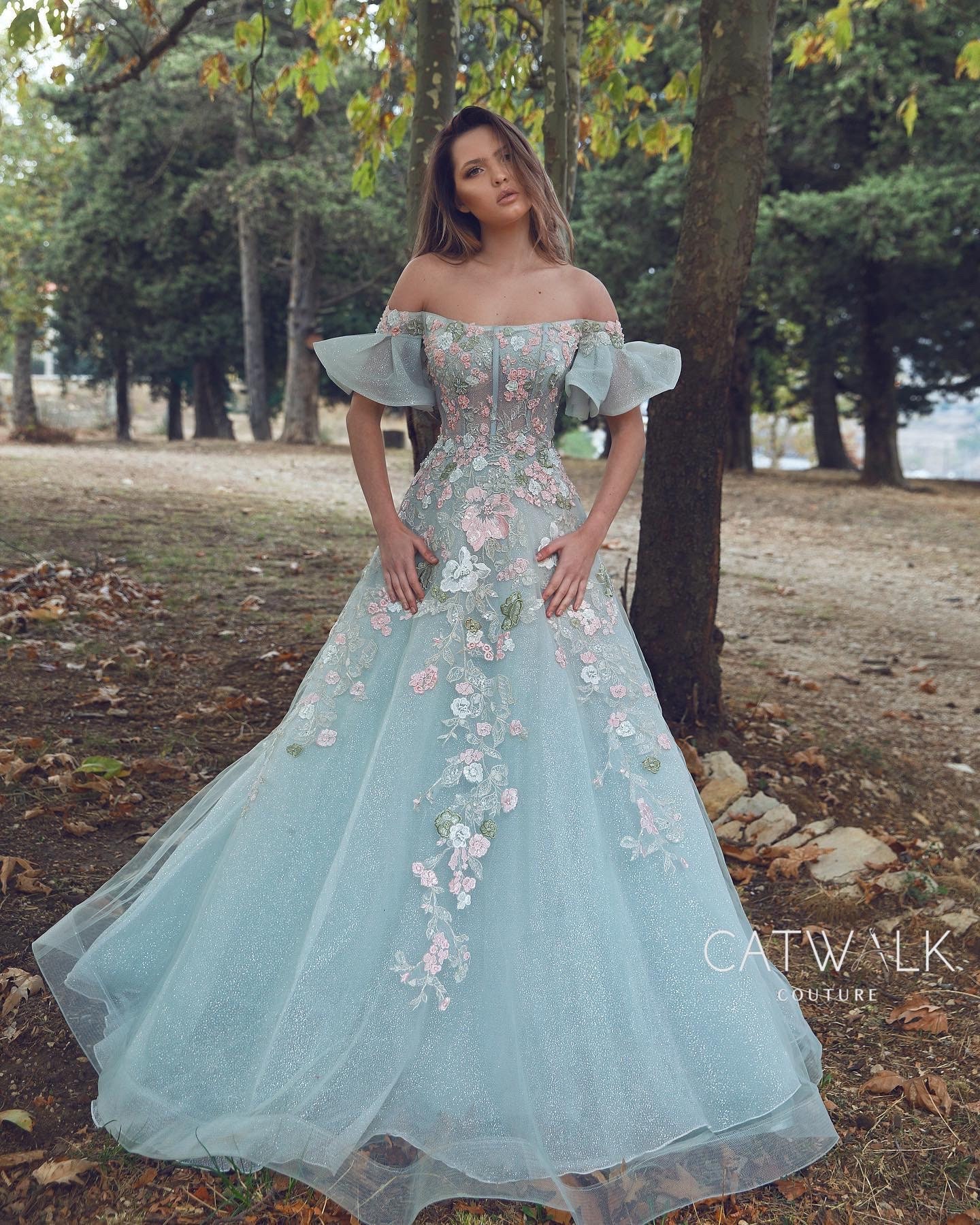 Elegant Floral With Belt Off the Shoulder A Line Dresses main image 1