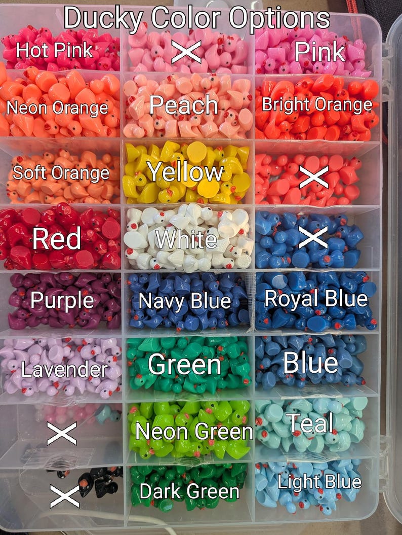 May include: A clear plastic organizer filled with miniature rubber duckies in various colors. The colors include hot pink, pink, neon orange, peach, bright orange, soft orange, yellow, red, white, purple, navy blue, royal blue, lavender, green, blue, neon green, teal, dark green, and light blue. The text "Ducky Color Options" is at the top.