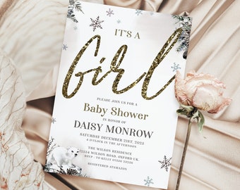 Winter Theme Baby Shower Invitation Girl, It's a Girl, Polar Bear Baby Shower, Gold Theme Baby Shower, Winter Girl Shower Invite 041