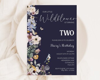 Little Wildflower Invitation First Birthday, Any Age floral Invite, Dark Background Wildflower Birthday Invite, Girls Birthday Garden Invite