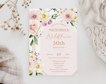 Wildflower 50 Invite, Fifty Birthday Wild Flower Invitation, Editable Template 50th Birthday, Pink Floral 50th Printable Template BD19