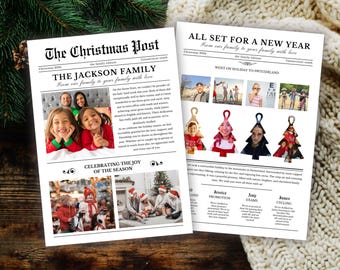 May include: Two-page Christmas newsletter with the headline "The Christmas Post" and "All Set For A New Year." The first page features a family photo and the headline "The Jackson Family." The second page has family photos and Christmas tree ornaments.