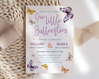 Sibling Purple Butterfly Invitation, Little butterflies Party, Joint Sisters Editable Template, Girl Purple Butterly Invitation, bd14