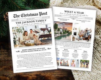 May include: Two-page Christmas newsletter titled "The Christmas Post" and "What a Year." The front page features a family photo and the headline "The Jackson Family." The second page includes photos and text about the year's events.