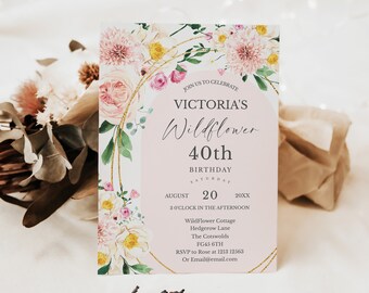 40th Birthday Editable Invitation, Forty Floral Summer, Wildflower Birthday Invitation Digital, Wild flower Girl Garden Party Invite, bd19