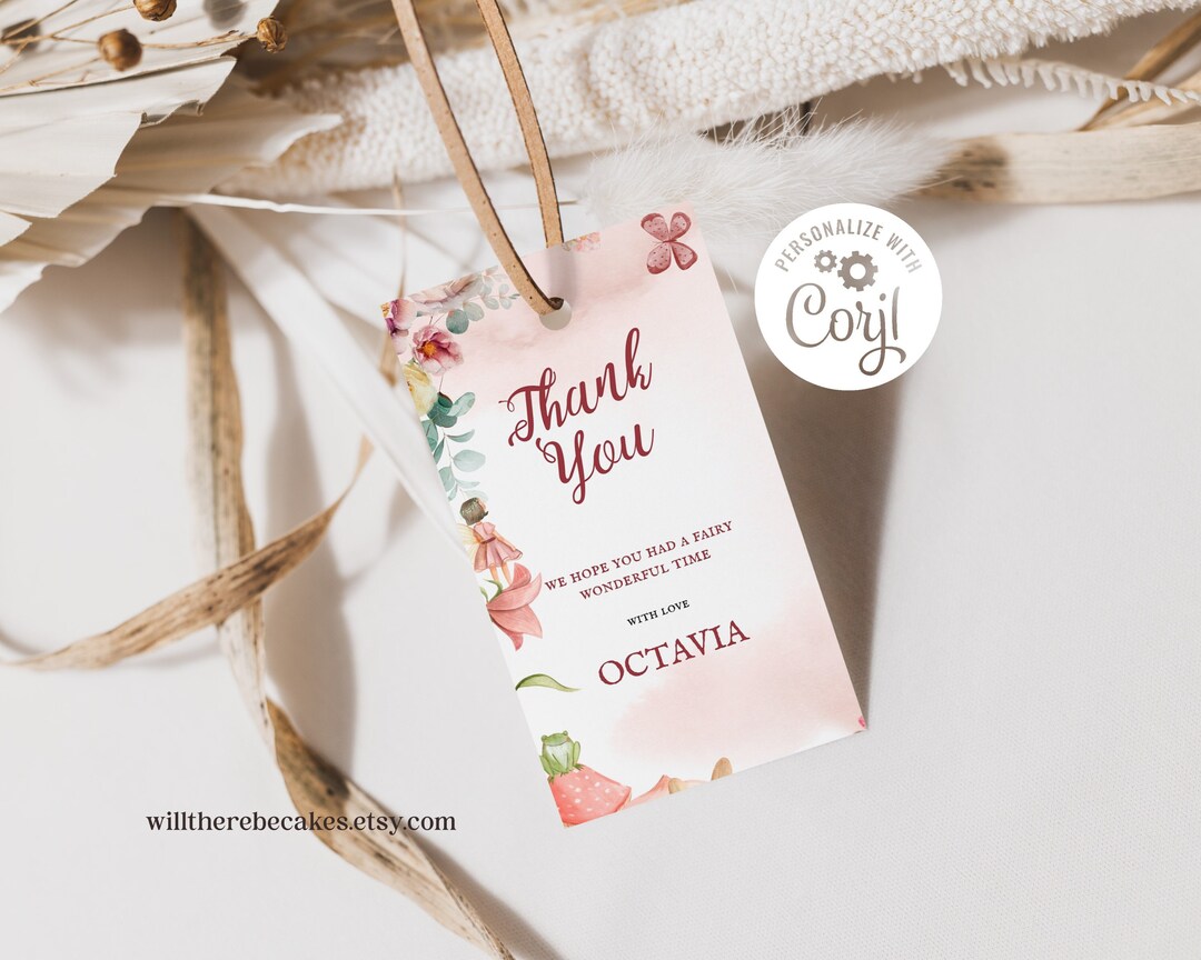 Editable Fairy Favor Tag, Girl Fairies 1st Birthday Thank You, Floral ...