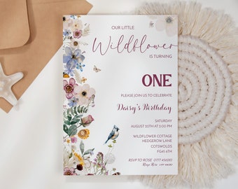 Wildflower First Birthday Invitation, Girl Wild flower Editable Invite, 1st Birthday Garden Party, Little Girl Wildflower Template bd11